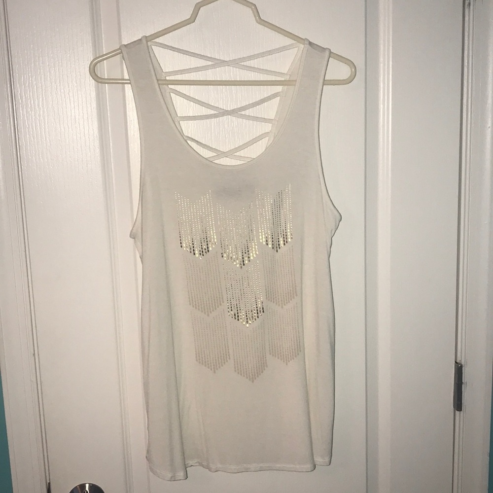 Off white tank top, cross back, with gold printing